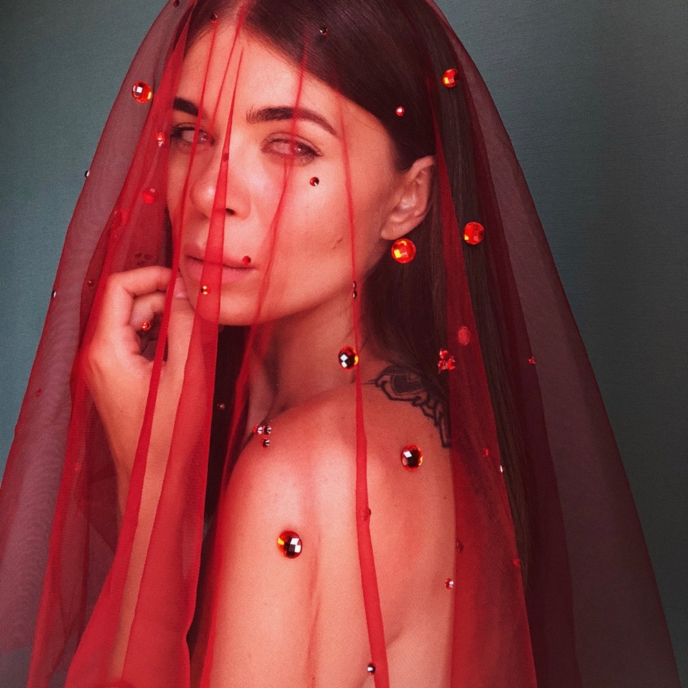 Red Bridal Veil with crystals